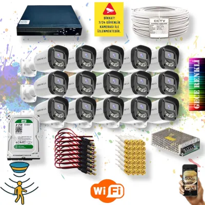 15 Kameralı Set - Gece Renkli Gösteren Hareket Algılayan 5MP SONY Lensli 4 Ultra Warm Ledli FULLHD Güvenlik Kamerası Seti 2304W-9016