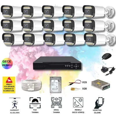 15 Kameralı Set - Yapay Zeka Özellikli Gece Renkli Gösteren 5MP SONY Lensli 12 Warm Ledli FULLHD Güvenlik Kamerası Seti 312W-116