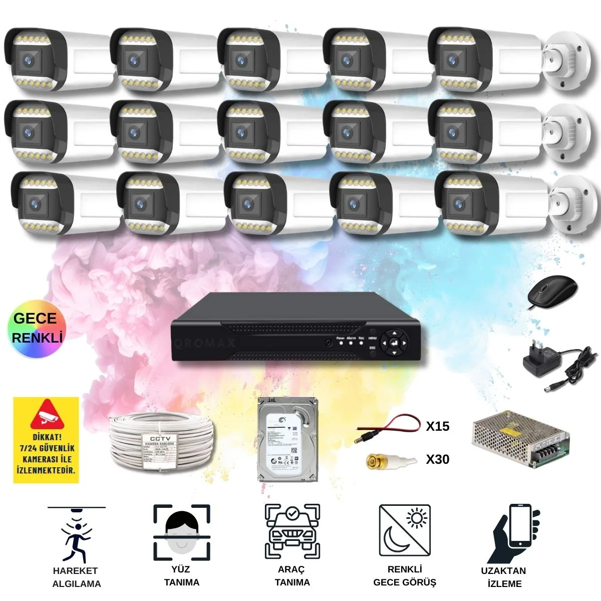 15 Kameralı Set - Yapay Zeka Özellikli Gece Renkli Gösteren 5MP SONY Lensli 12 Warm Ledli FULLHD Güvenlik Kamerası Seti 312W-116