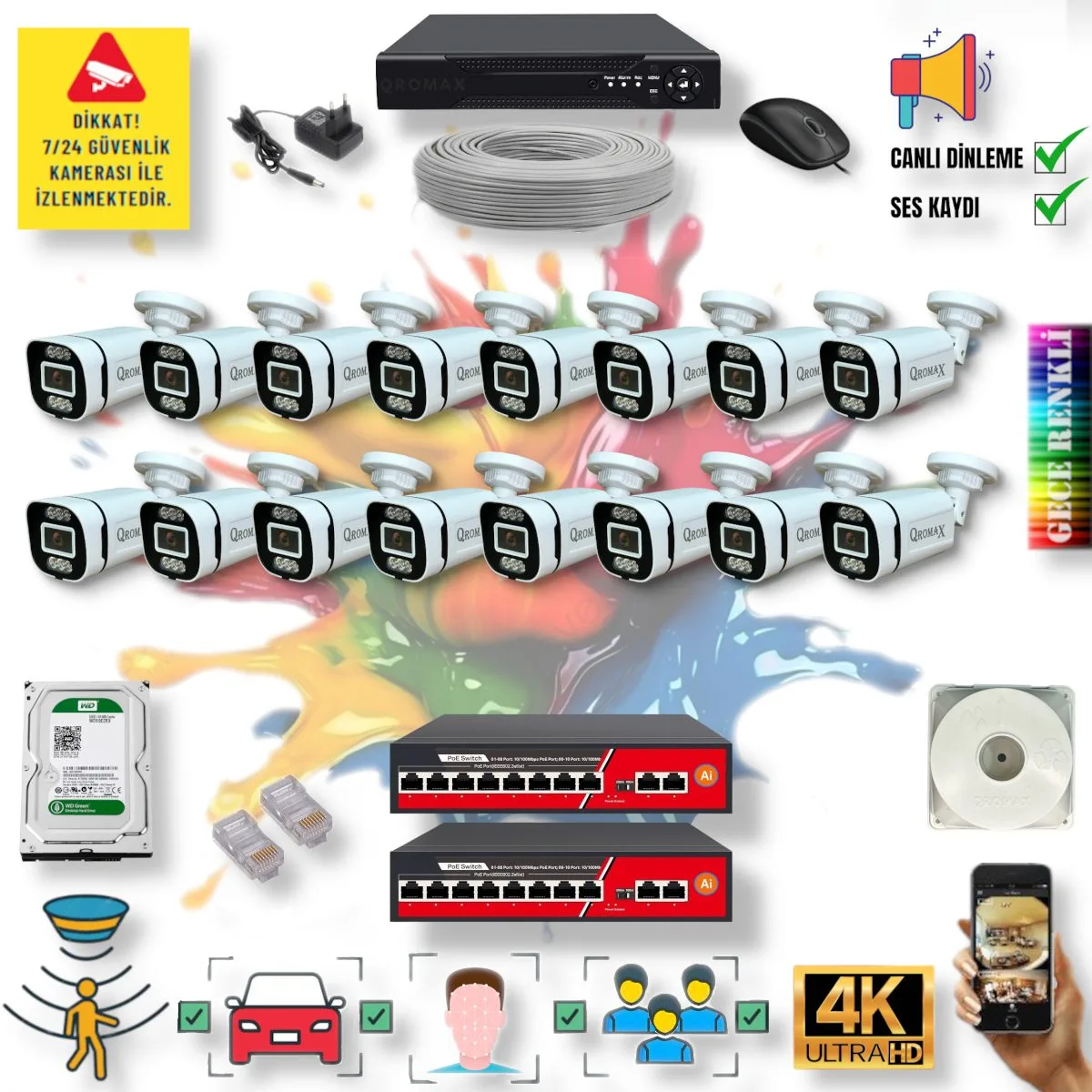 16 Kameralı POE IP Set - Yapay Zeka Özellikli Gece Renkli Gösteren Sesli 6 Warm Ledli 4K FULLHD IP Güvenlik Kamerası Seti 4386WS