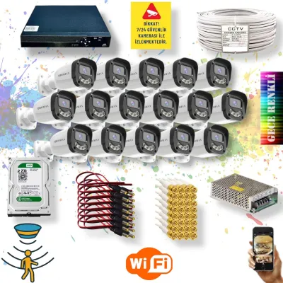 16 Kameralı Set - Gece Renkli Gösteren Hareket Algılayan 5MP SONY Lensli 4 Ultra Warm Ledli FULLHD Güvenlik Kamerası Seti 2304W-9016