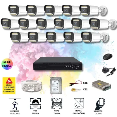 16 Kameralı Set - Yapay Zeka Özellikli Gece Renkli Gösteren 5MP SONY Lensli 12 Warm Ledli FULLHD Güvenlik Kamerası Seti 312W-116