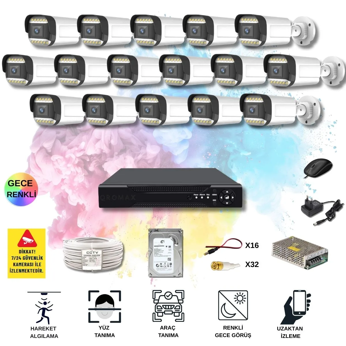 16 Kameralı Set - Yapay Zeka Özellikli Gece Renkli Gösteren 5MP SONY Lensli 12 Warm Ledli FULLHD Güvenlik Kamerası Seti 312W-116