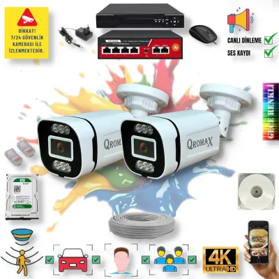2 Kameralı POE IP Set - Yapay Zeka Özellikli Gece Renkli Gösteren Sesli 6 Warm Ledli 4K FULLHD IP Güvenlik Kamerası Seti 4386WS