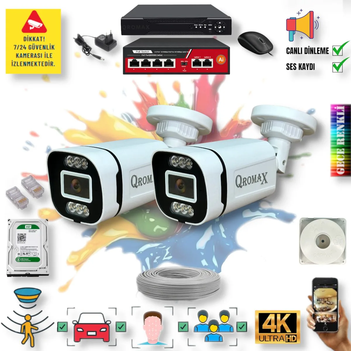 2 Kameralı POE IP Set - Yapay Zeka Özellikli Gece Renkli Gösteren Sesli 6 Warm Ledli 4K FULLHD IP Güvenlik Kamerası Seti 4386WS