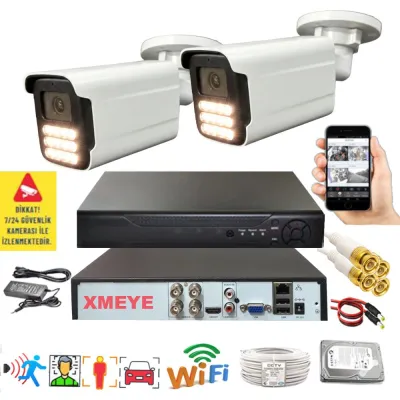 2 Kameralı Set - Yapay Zeka Özellikli Gece Renkli Gösteren 5MP SONY Lensli 15 Warm Ledli FULLHD Güvenlik Kamerası Seti 3015W-104