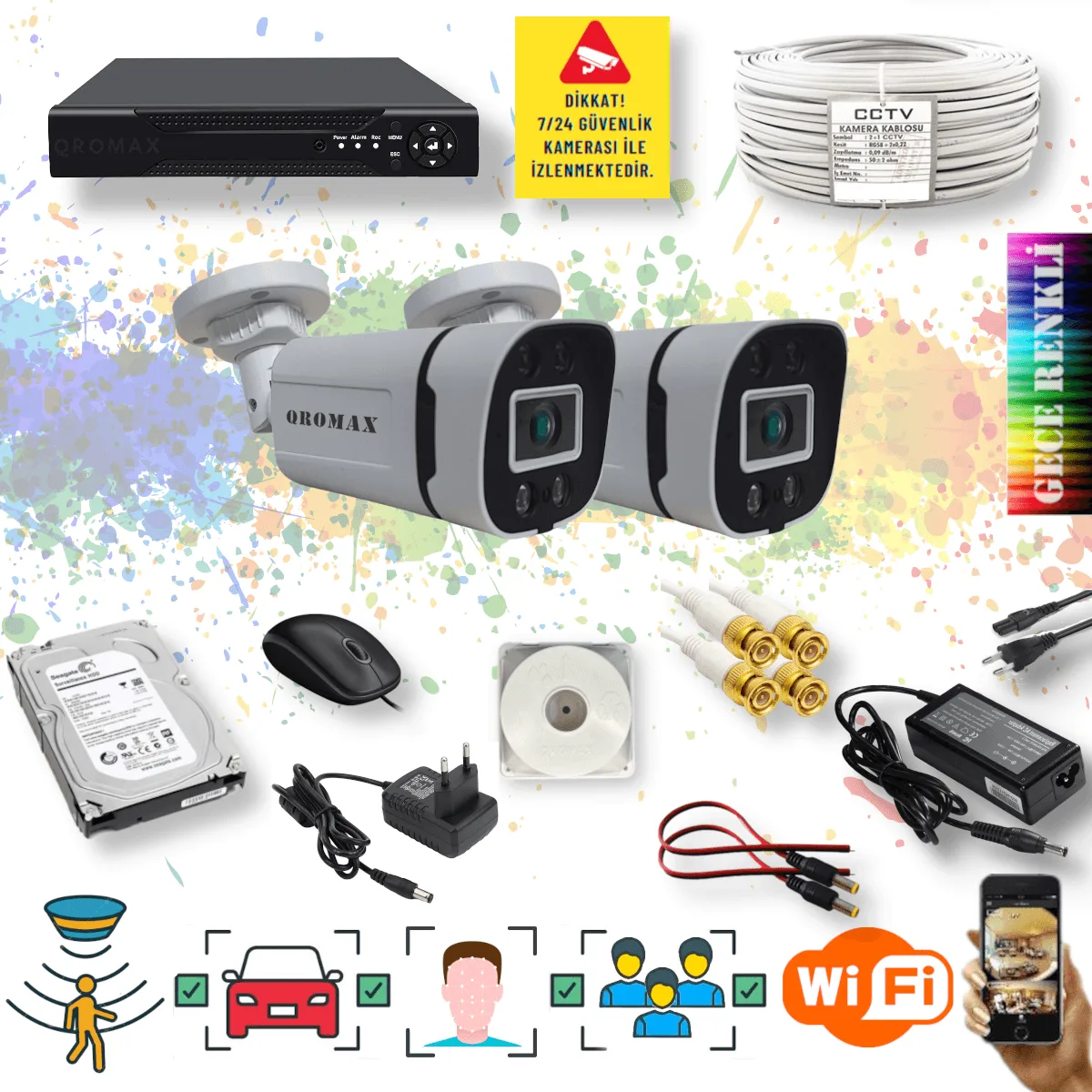 2 Kameralı Set - Yapay Zeka Özellikli Gece Renkli Gösteren 5MP SONY Lensli 4 Ultra Warm Ledli FULLHD Güvenlik Kamerası Seti 604W-104