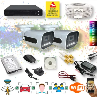 2 Kameralı Set - Yapay Zeka Özellikli Gece Renkli Gösteren 5MP SONY Lensli 4 Ultra Warm Ledli FULLHD Güvenlik Kamerası Seti 784W-104