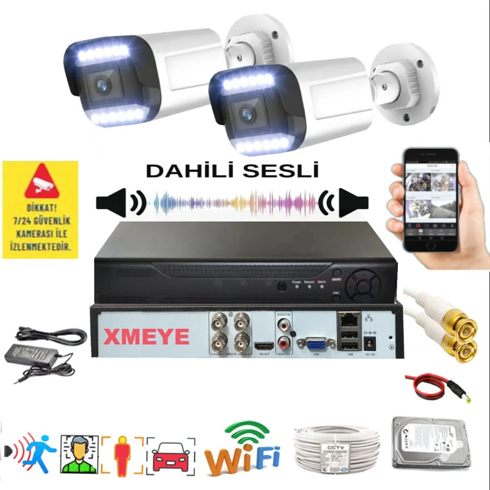 2 Kameralı Set - Yapay Zeka Özellikli Gece Renkli Sesli FullHD 5Mp Lensli 12 Warm Ledli Güvenlik Kamerası Seti 312WS-104