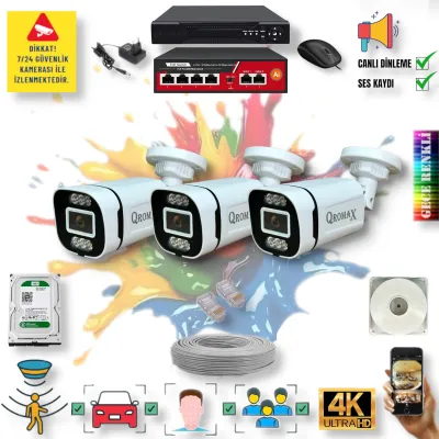 3 Kameralı POE IP Set - Yapay Zeka Özellikli Gece Renkli Gösteren Sesli 6 Warm Ledli 4K FULLHD IP Güvenlik Kamerası Seti 4386WS