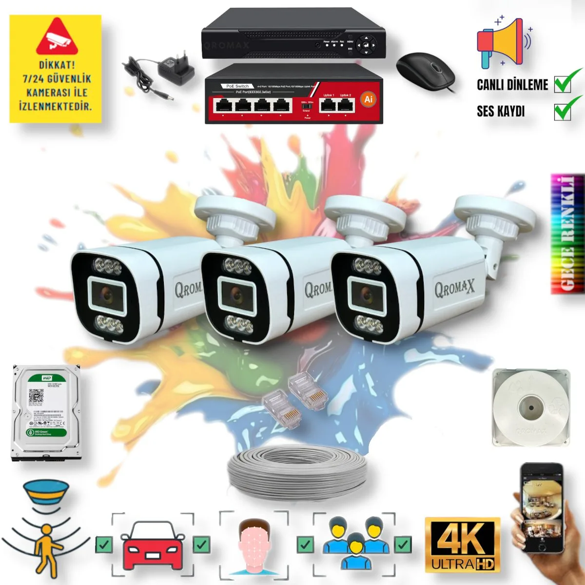 3 Kameralı POE IP Set - Yapay Zeka Özellikli Gece Renkli Gösteren Sesli 6 Warm Ledli 4K FULLHD IP Güvenlik Kamerası Seti 4386WS
