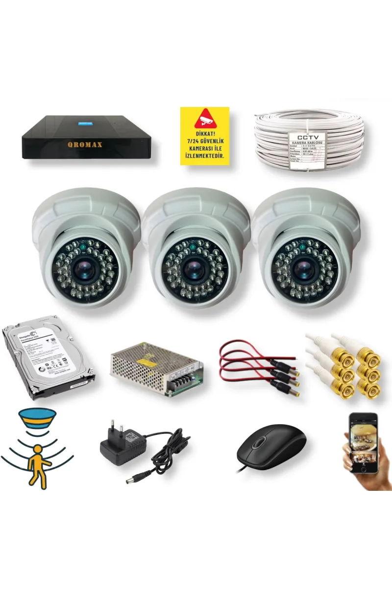 3 Kameralı Set – Hareket Algılayan Gece Görüşlü 5 MP Sony Lensli FullHD İç Mekan Güvenlik Kamerası Seti D136B-9004