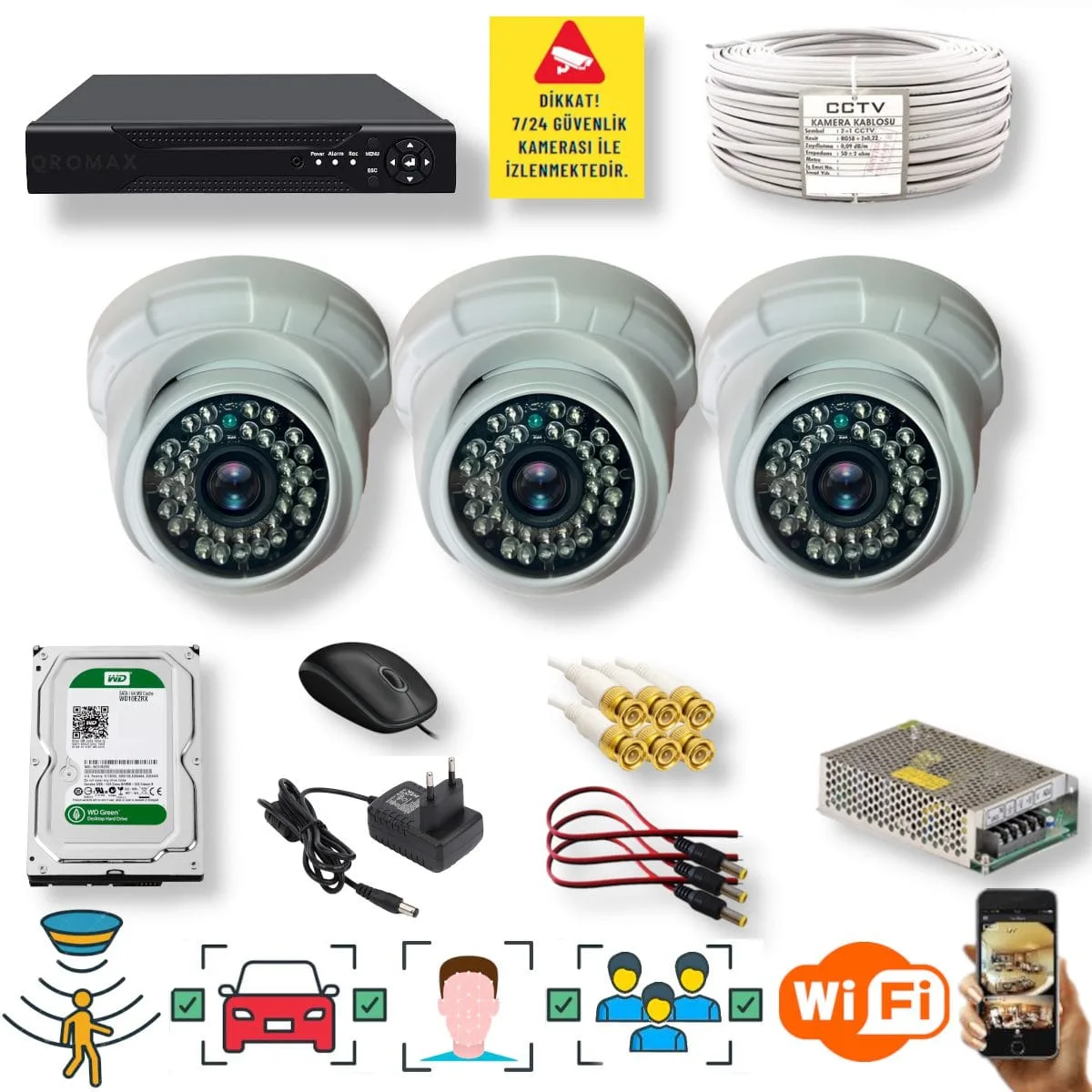 3 Kameralı Set – Yapay Zeka Özellikli Gece Görüşlü 5 MP Sony Lensli FullHD İç Mekan Güvenlik Kamerası Seti D136B-104