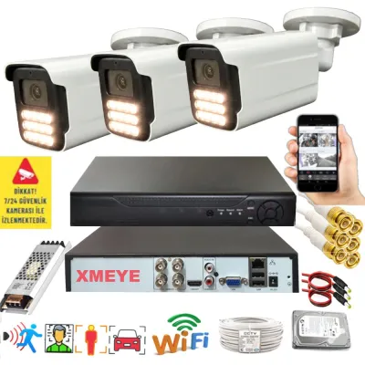 3 Kameralı Set - Yapay Zeka Özellikli Gece Renkli Gösteren 5MP SONY Lensli 15 Warm Ledli FULLHD Güvenlik Kamerası Seti 3015W-104