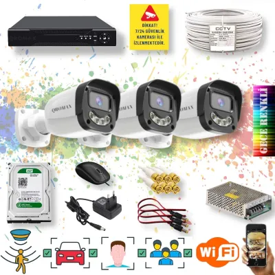 3 Kameralı Set - Yapay Zeka Özellikli Gece Renkli Gösteren 5MP SONY Lensli 4 Ultra Warm Ledli FULLHD Güvenlik Kamerası Seti 2304W-104