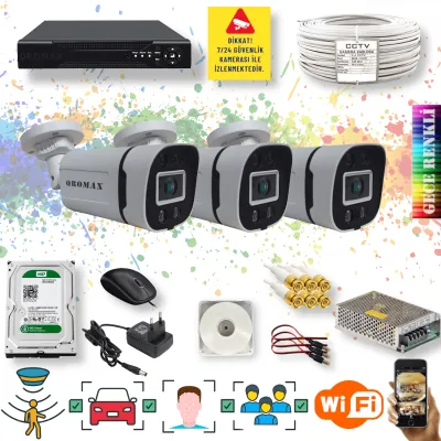 3 Kameralı Set - Yapay Zeka Özellikli Gece Renkli Gösteren 5MP SONY Lensli 4 Ultra Warm Ledli FULLHD Güvenlik Kamerası Seti 604W-104