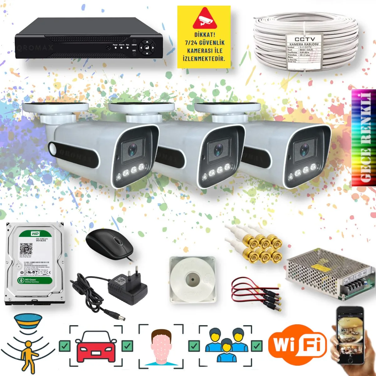 3 Kameralı Set - Yapay Zeka Özellikli Gece Renkli Gösteren 5MP SONY Lensli 4 Ultra Warm Ledli FULLHD Güvenlik Kamerası Seti 784W-104