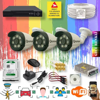 3 Kameralı Set - Yapay Zeka Özellikli Gece Renkli Gösteren 8 Warm Ledli TurboHD Güvenlik Kamerası Seti 3908W-104