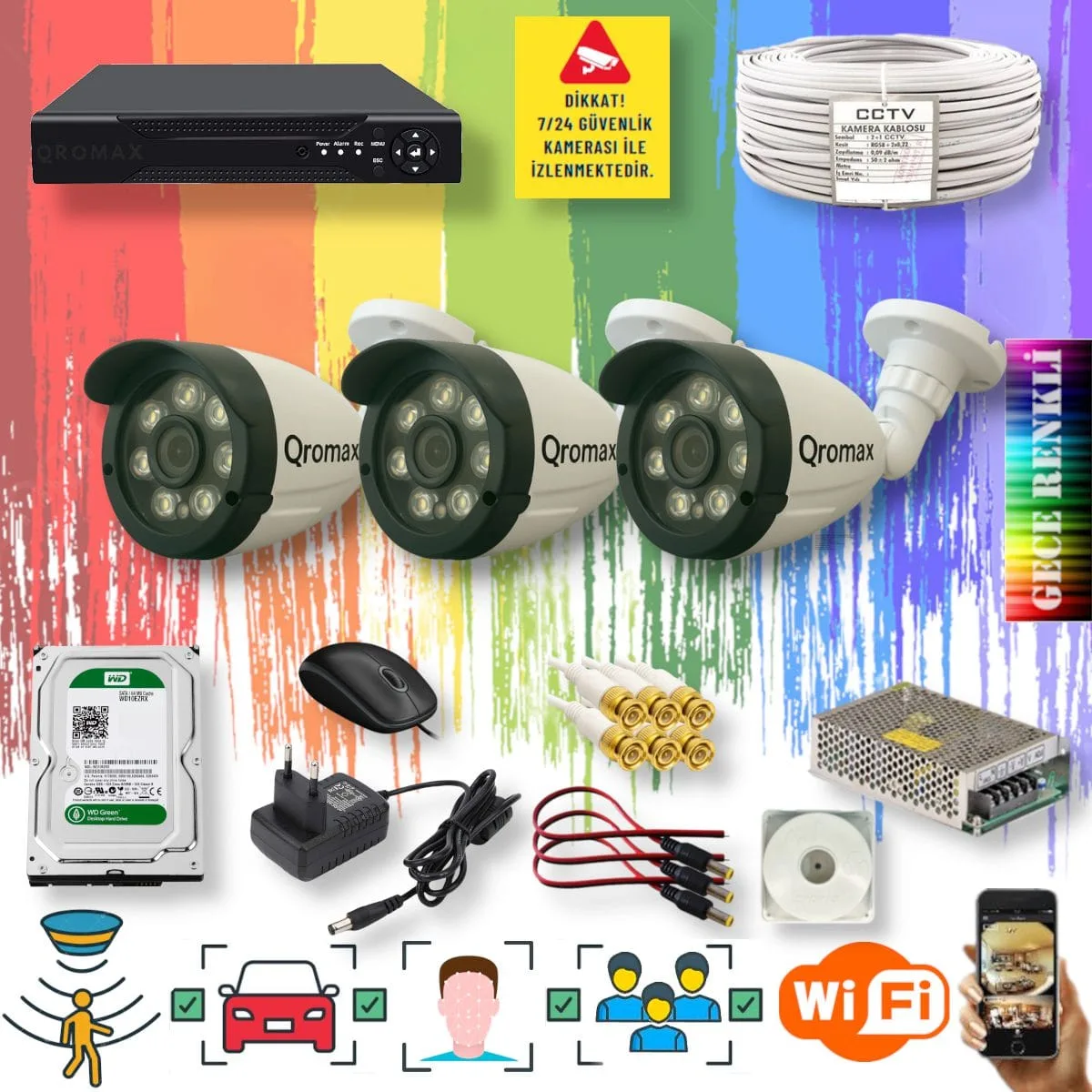 3 Kameralı Set - Yapay Zeka Özellikli Gece Renkli Gösteren 8 Warm Ledli TurboHD Güvenlik Kamerası Seti 3908W-104