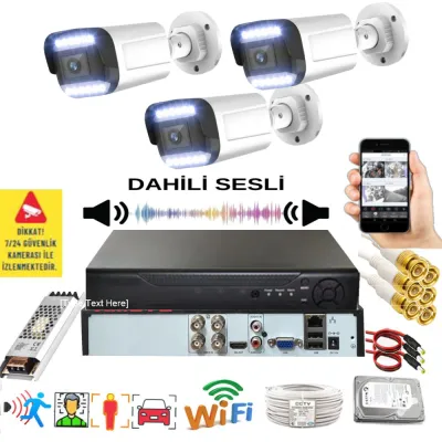 3 Kameralı Set - Yapay Zeka Özellikli Gece Renkli Sesli FullHD 5Mp Lensli 12 Warm Ledli Güvenlik Kamerası Seti 312WS-104