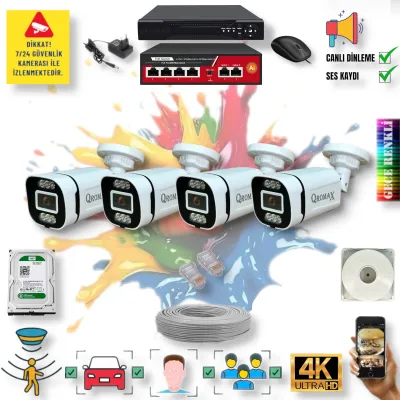 4 Kameralı POE IP Set - Yapay Zeka Özellikli Gece Renkli Gösteren Sesli 6 Warm Ledli 4K FULLHD IP Güvenlik Kamerası Seti 4386WS