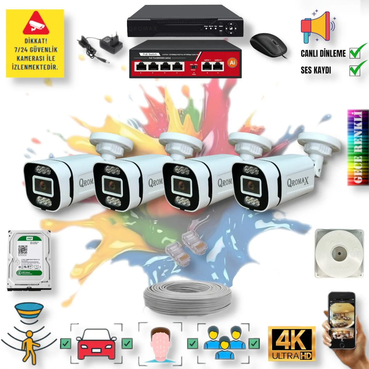 4 Kameralı POE IP Set - Yapay Zeka Özellikli Gece Renkli Gösteren Sesli 6 Warm Ledli 4K FULLHD IP Güvenlik Kamerası Seti 4386WS