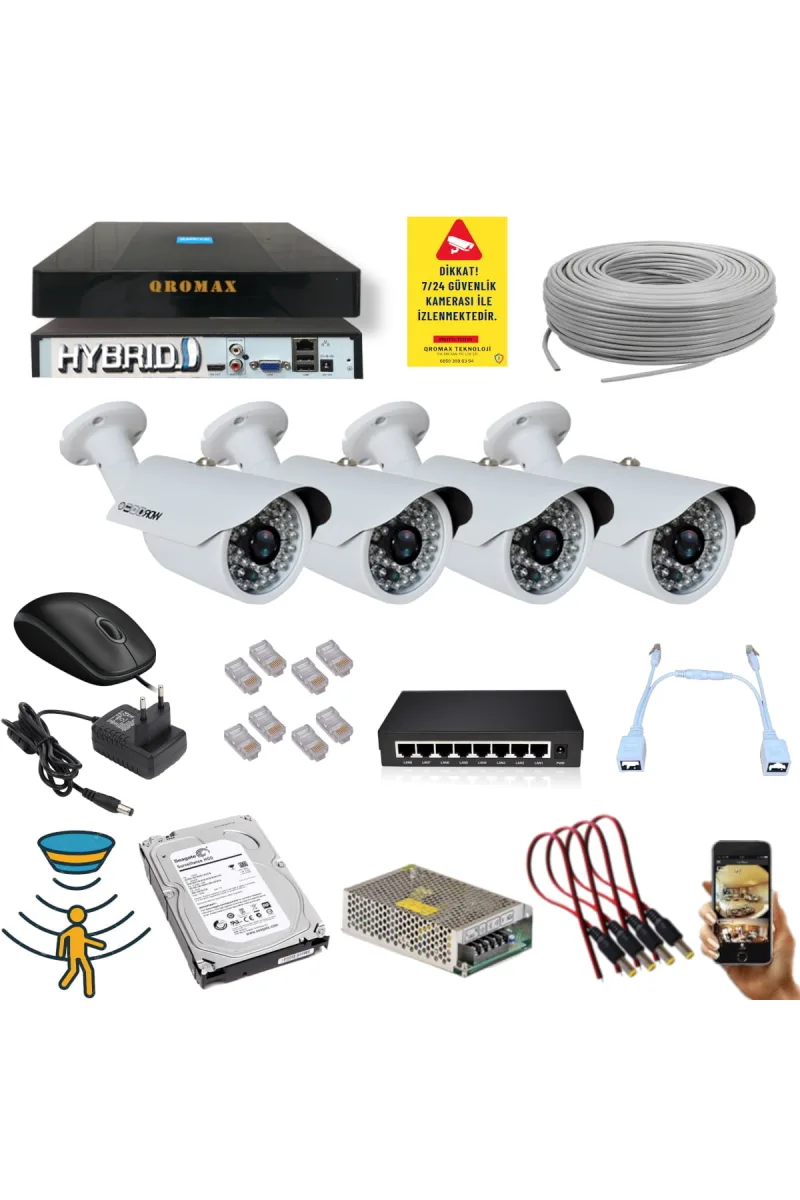 4 Kameralı Set - 5 Mp 1940p Sensör 6 Megapiksel Sony Lens Metal Kasa Ip Güvenlik Kamerası Seti