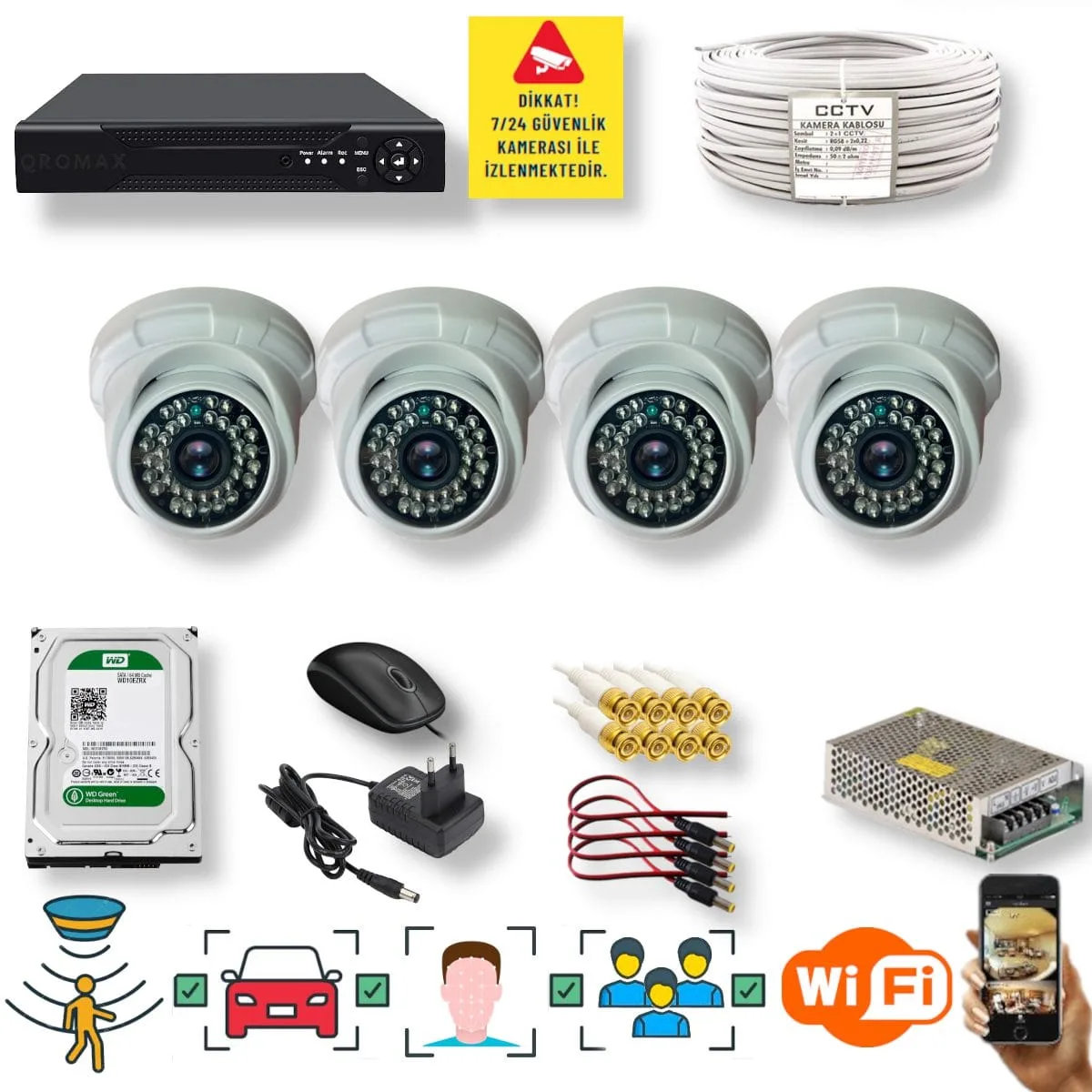 4 Kameralı Set – Yapay Zeka Özellikli Gece Görüşlü 5 MP Sony Lensli FullHD İç Mekan Güvenlik Kamerası Seti D136B-104
