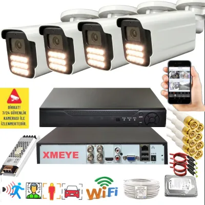 4 Kameralı Set - Yapay Zeka Özellikli Gece Renkli Gösteren 5MP SONY Lensli 15 Warm Ledli FULLHD Güvenlik Kamerası Seti 3015W-104