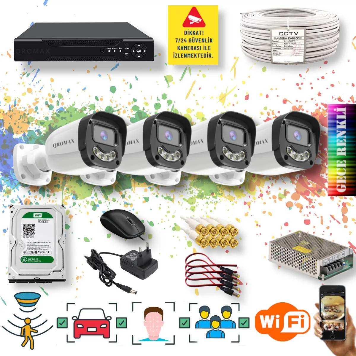 4 Kameralı Set - Yapay Zeka Özellikli Gece Renkli Gösteren 5MP SONY Lensli 4 Ultra Warm Ledli FULLHD Güvenlik Kamerası Seti 2304W-104