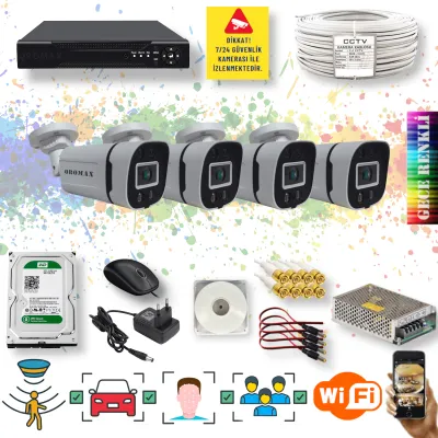 4 Kameralı Set - Yapay Zeka Özellikli Gece Renkli Gösteren 5MP SONY Lensli 4 Ultra Warm Ledli FULLHD Güvenlik Kamerası Seti 604W-104