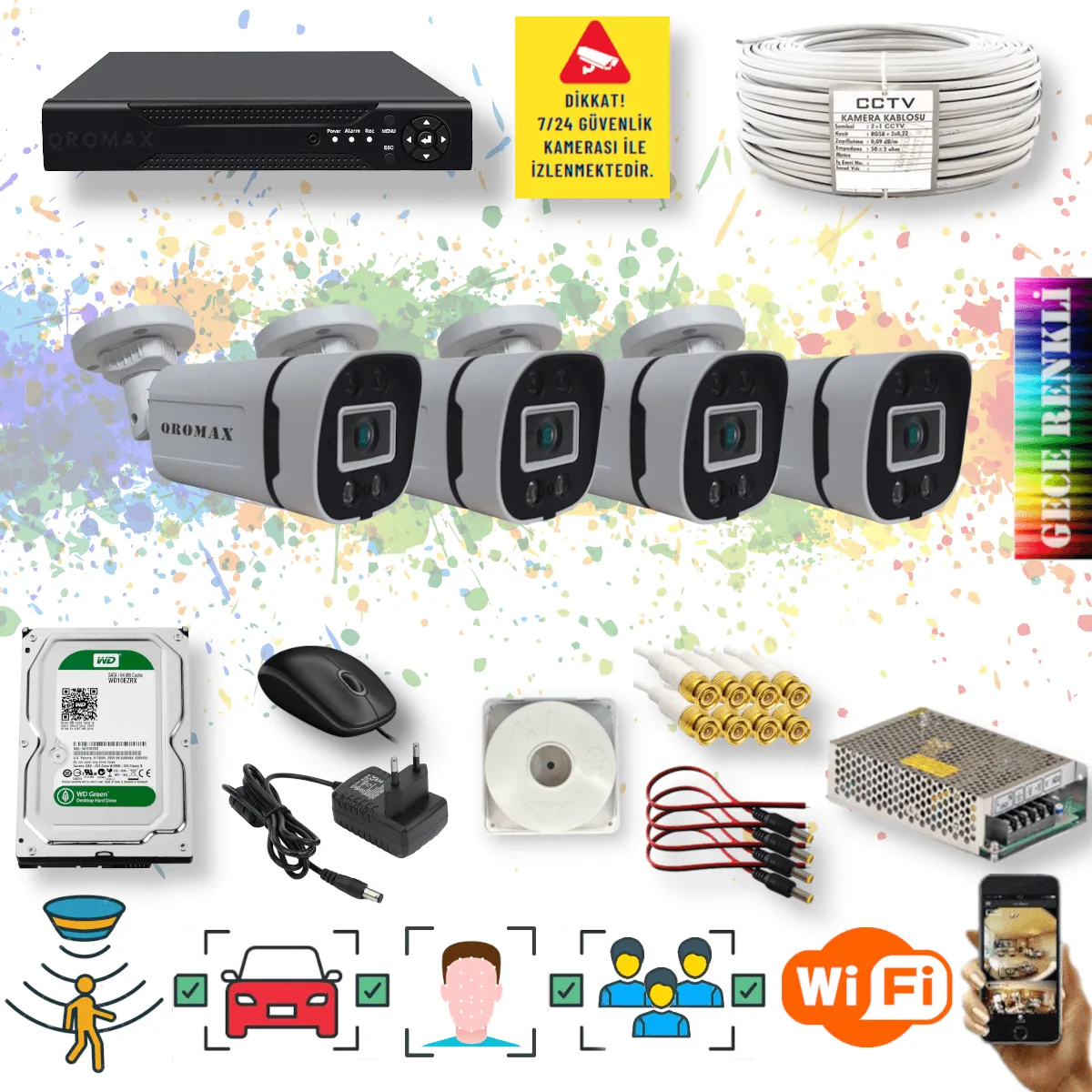4 Kameralı Set - Yapay Zeka Özellikli Gece Renkli Gösteren 5MP SONY Lensli 4 Ultra Warm Ledli FULLHD Güvenlik Kamerası Seti 604W-104