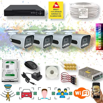 4 Kameralı Set - Yapay Zeka Özellikli Gece Renkli Gösteren 5MP SONY Lensli 4 Ultra Warm Ledli FULLHD Güvenlik Kamerası Seti 784W-104