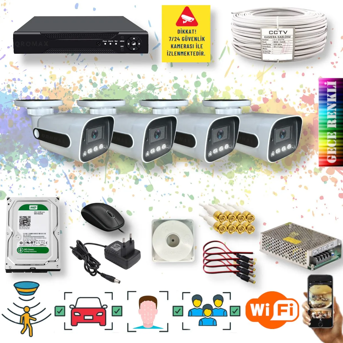 4 Kameralı Set - Yapay Zeka Özellikli Gece Renkli Gösteren 5MP SONY Lensli 4 Ultra Warm Ledli FULLHD Güvenlik Kamerası Seti 784W-104