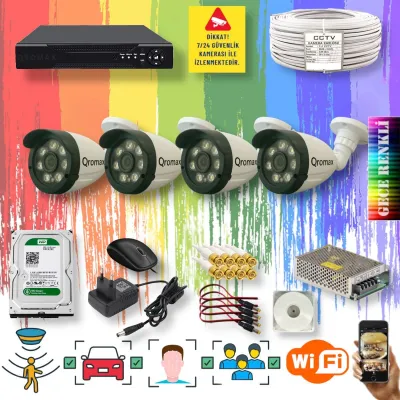 4 Kameralı Set - Yapay Zeka Özellikli Gece Renkli Gösteren 8 Warm Ledli TurboHD Güvenlik Kamerası Seti 3908W-104