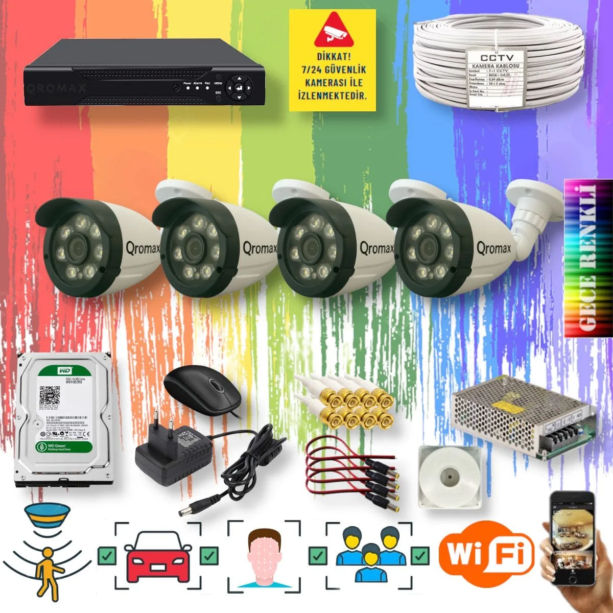4 Kameralı Set - Yapay Zeka Özellikli Gece Renkli Gösteren 8 Warm Ledli TurboHD Güvenlik Kamerası Seti 3908W-104