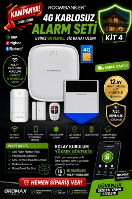 4G Akıllı Kablosuz Alarm Sistemi | 12 Ay Turkcell M2M Aylık 8 GB İnternet Hediyeli Roombanker Kit 4