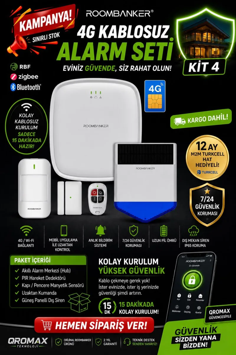 4G Akıllı Kablosuz Alarm Sistemi | 12 Ay Turkcell M2M Aylık 8 GB İnternet Hediyeli Roombanker Kit 4
