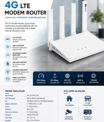 4G LTE Modem Router WiFi 6 SIM Kartlı 150 Mbps 4G Modem 4 Antenli