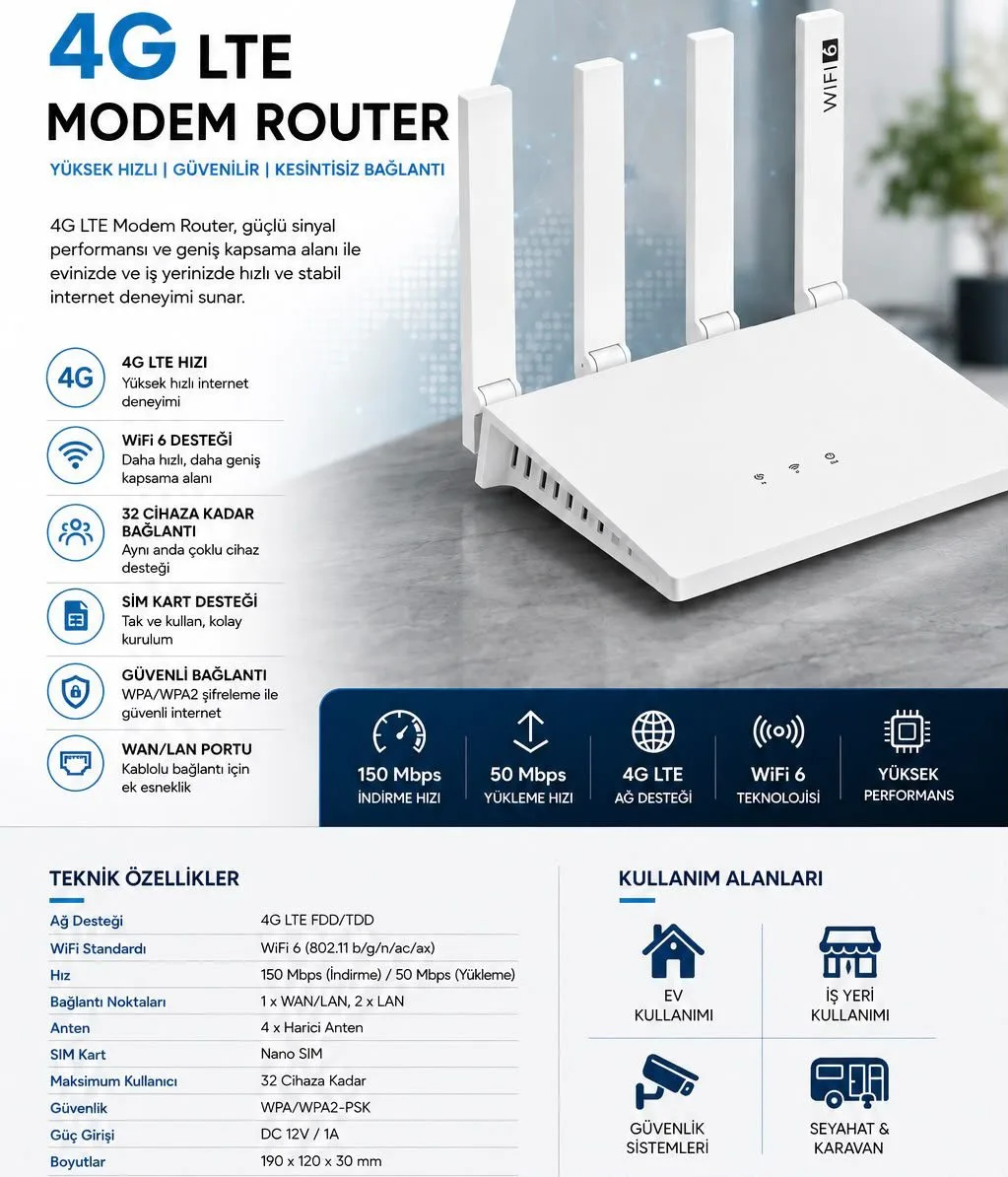 4G LTE Modem Router WiFi 6 SIM Kartlı 150 Mbps 4G Modem 4 Antenli