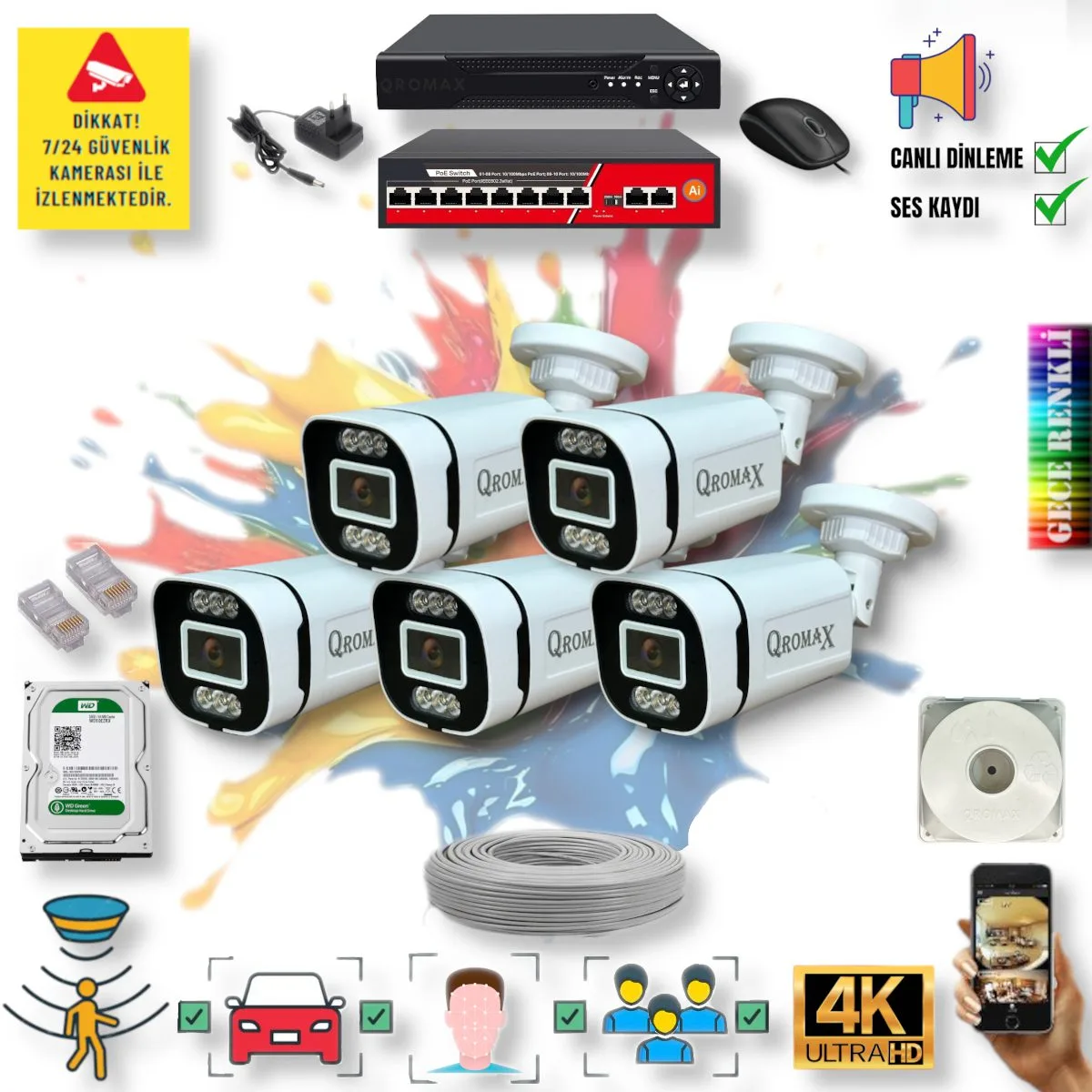5 Kameralı POE IP Set - Yapay Zeka Özellikli Gece Renkli Gösteren Sesli 6 Warm Ledli 4K FULLHD IP Güvenlik Kamerası Seti 4386WS