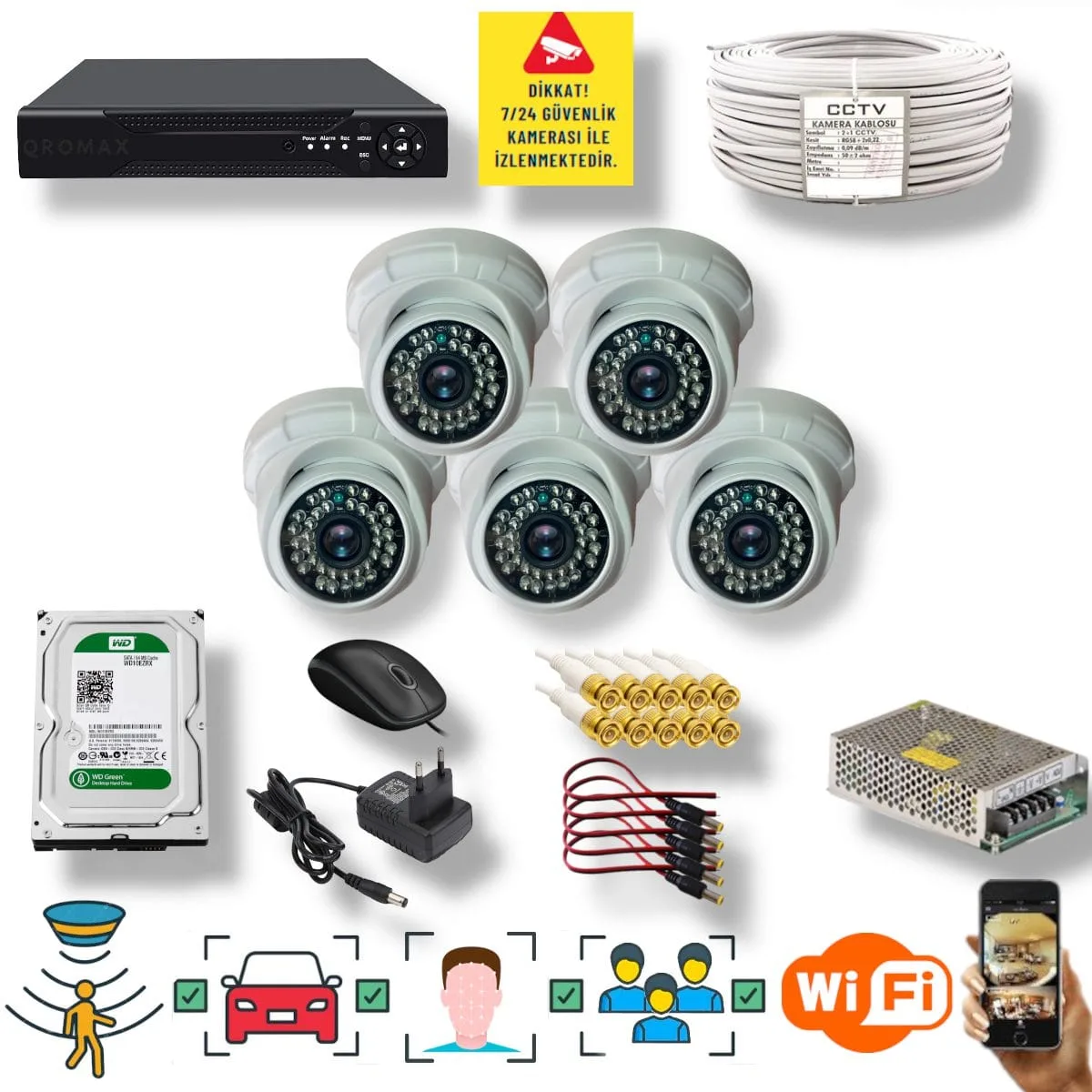 5 Kameralı Set – Yapay Zeka Özellikli Gece Görüşlü 5 MP Sony Lensli FullHD İç Mekan Güvenlik Kamerası Seti D136B-108