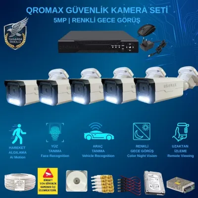 5 Kameralı Set - Yapay Zeka Özellikli Gece Renkli Gösteren 5 MP SONY Lensli 4 Warm Ledli FULLHD Güvenlik Kamerası Seti 3404W