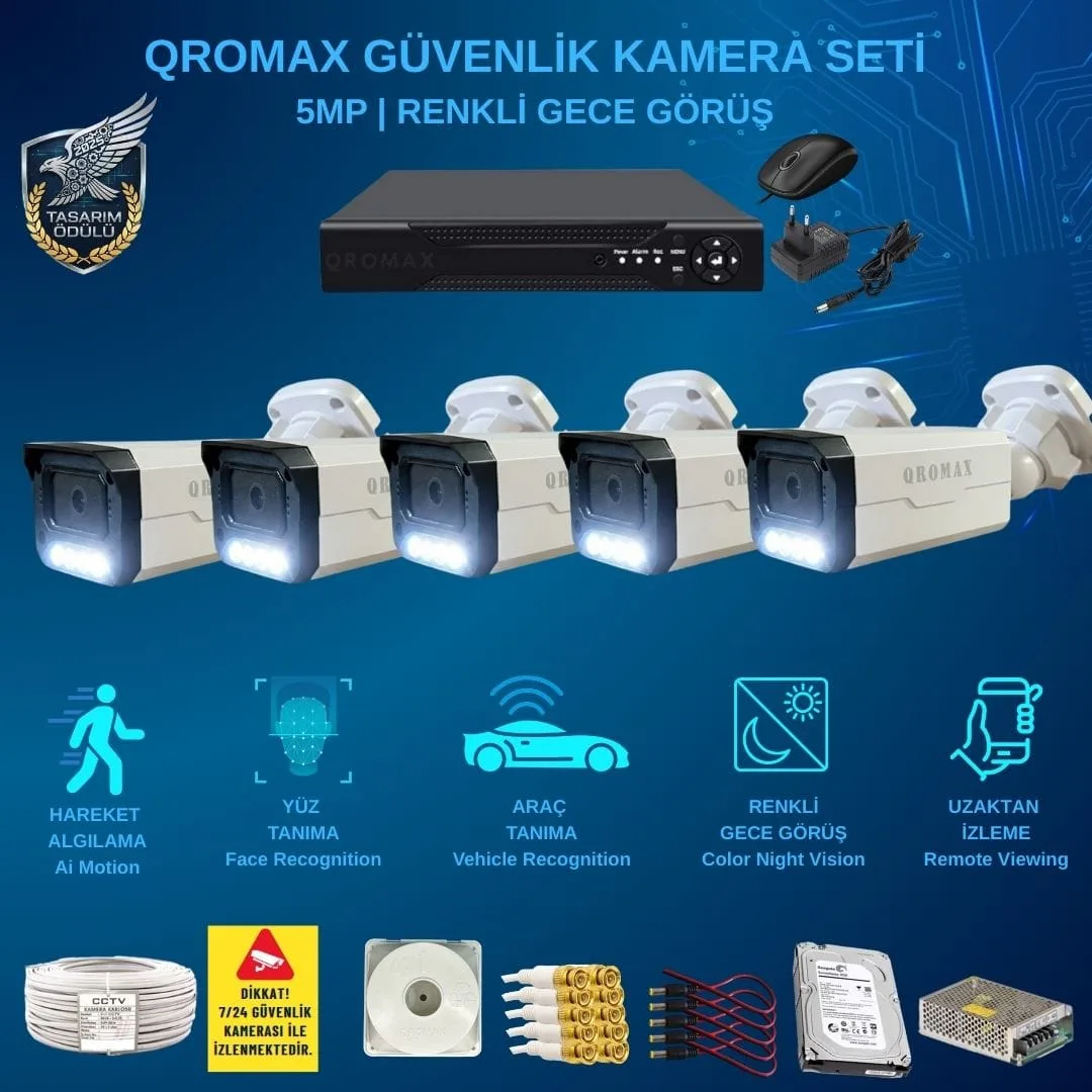 5 Kameralı Set - Yapay Zeka Özellikli Gece Renkli Gösteren 5 MP SONY Lensli 4 Warm Ledli FULLHD Güvenlik Kamerası Seti 3404W