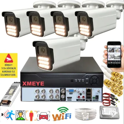 5 Kameralı Set - Yapay Zeka Özellikli Gece Renkli Gösteren 5MP SONY Lensli 15 Warm Ledli FULLHD Güvenlik Kamerası Seti 3015W-108