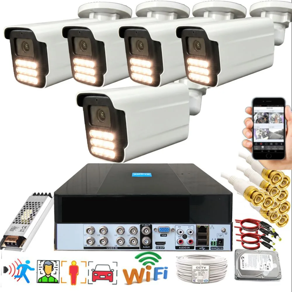 5 Kameralı Set - Yapay Zeka Özellikli Gece Renkli Gösteren 5MP SONY Lensli 15 Warm Ledli FULLHD Güvenlik Kamerası Seti 3015W-9008