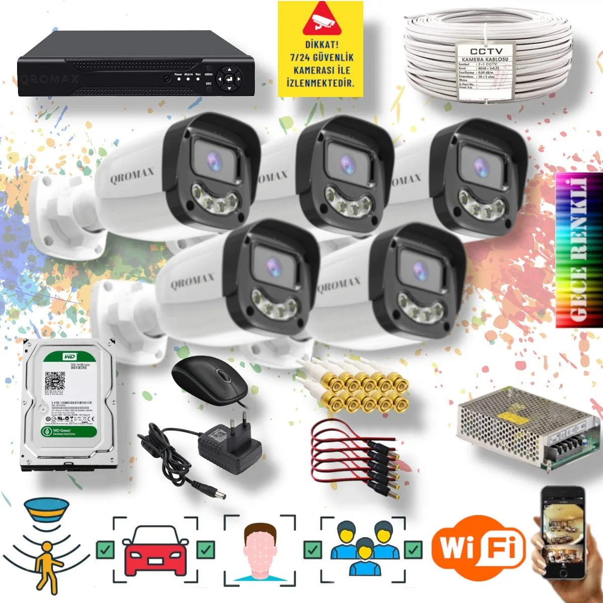 5 Kameralı Set - Yapay Zeka Özellikli Gece Renkli Gösteren 5MP SONY Lensli 4 Ultra Warm Ledli FULLHD Güvenlik Kamerası Seti 2304W-108