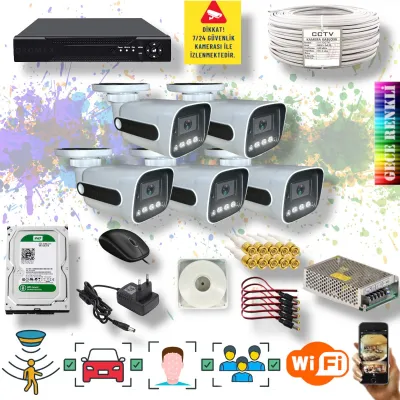5 Kameralı Set - Yapay Zeka Özellikli Gece Renkli Gösteren 5MP SONY Lensli 4 Ultra Warm Ledli FULLHD Güvenlik Kamerası Seti 784W-108