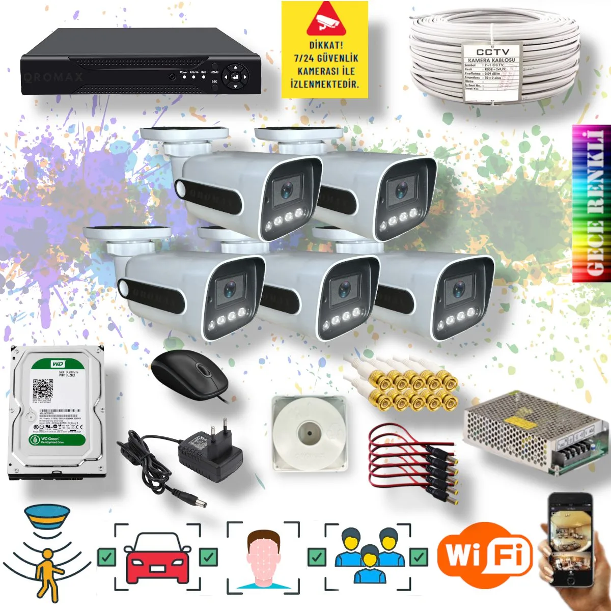 5 Kameralı Set - Yapay Zeka Özellikli Gece Renkli Gösteren 5MP SONY Lensli 4 Ultra Warm Ledli FULLHD Güvenlik Kamerası Seti 784W-108