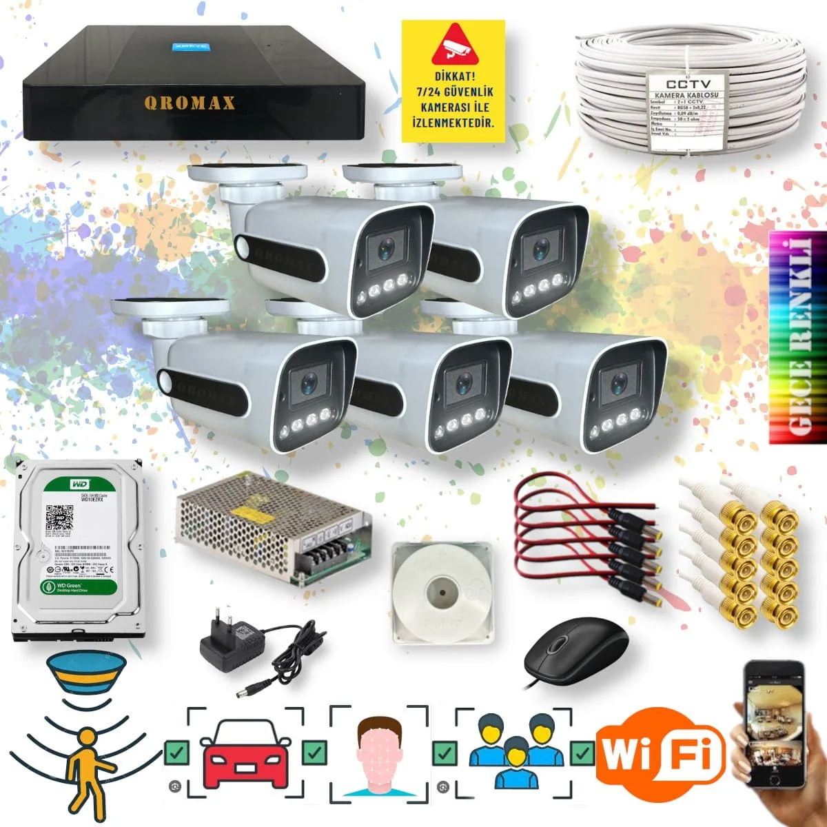 5 Kameralı Set - Yapay Zeka Özellikli Gece Renkli Gösteren Fullhd Güvenlik Kamerası Seti 784w-9008